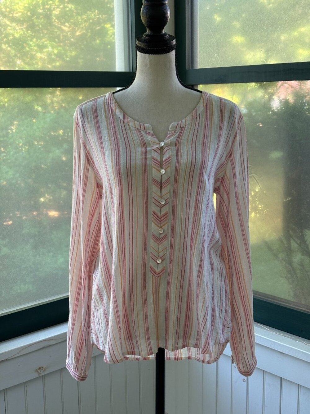 Calypso St. Barth Multi-Stripe Gauze Blouse | Ivory, Pink & Gold | Long Sleeve |
